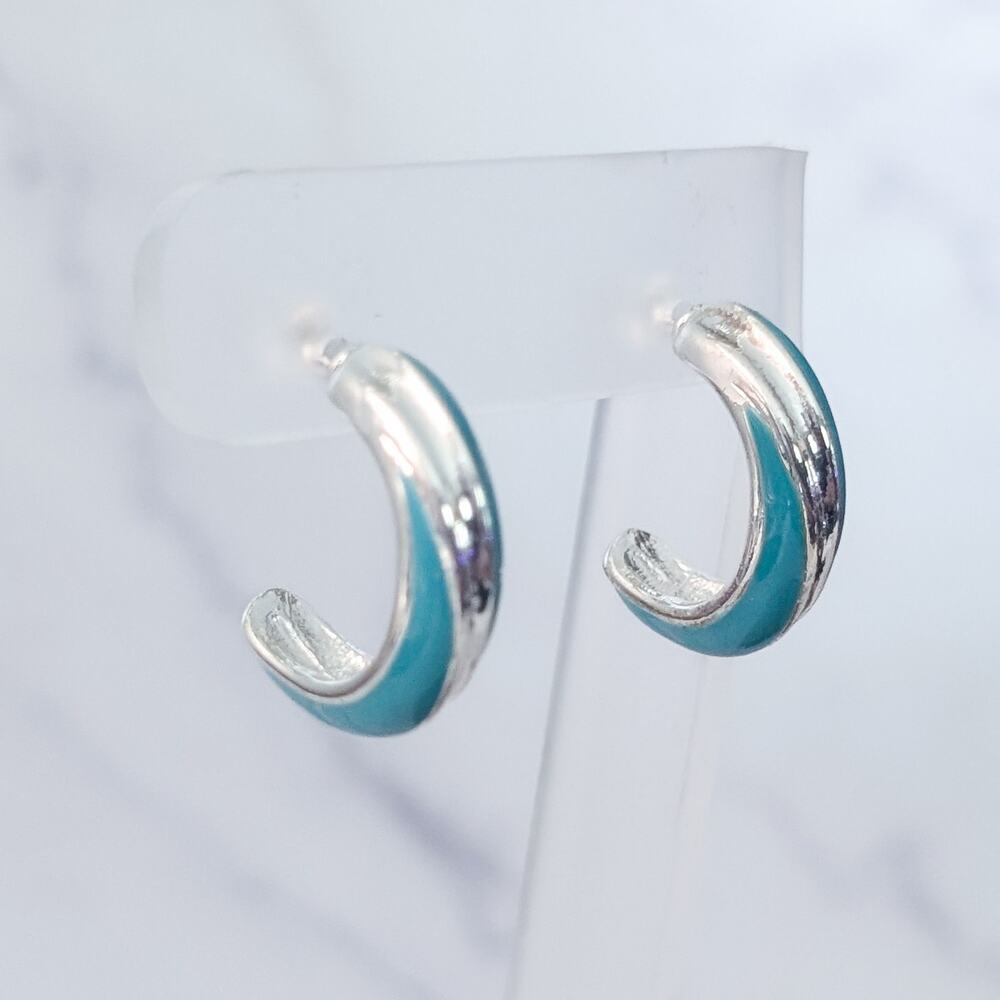 Silver Tone & Turquoise Tone Hoops - Stud Earrings